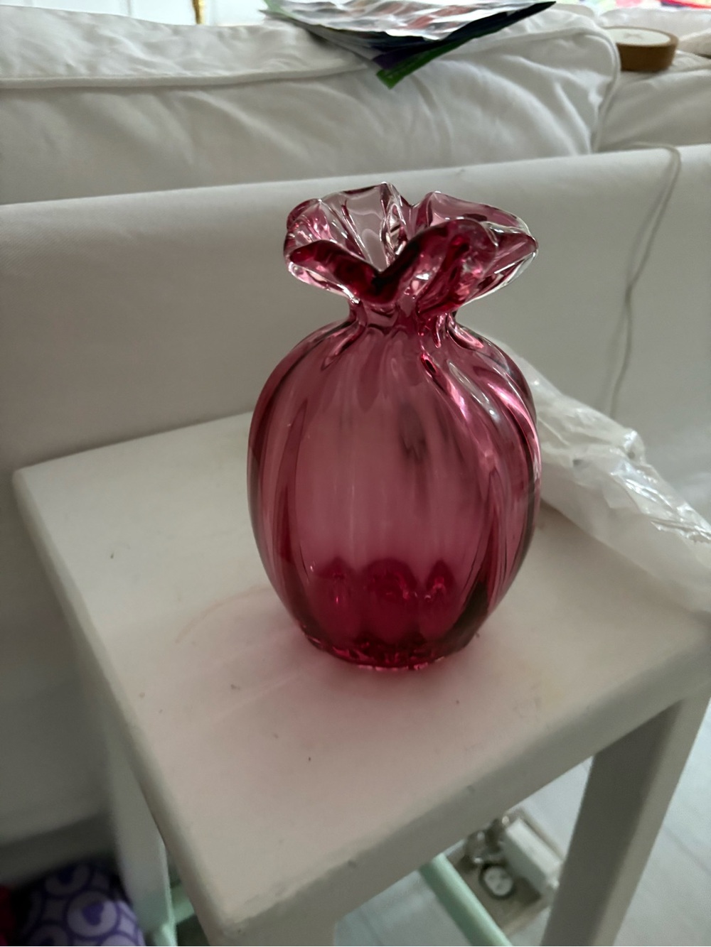 Vintage Cranberry Glass Ruffle Top Vase